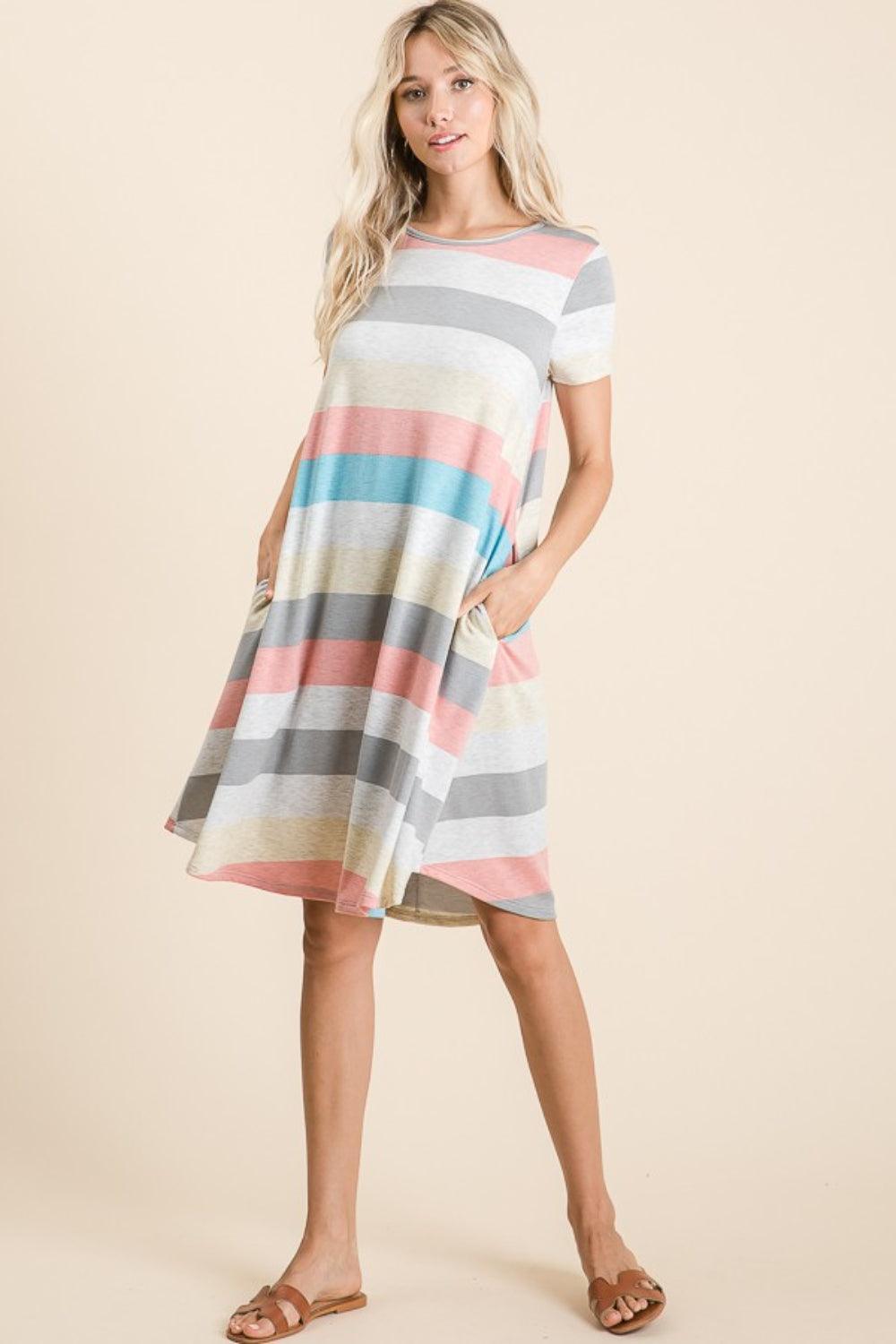 BOMBOM Striped Short Sleeve Dress with Pockets - ClubOn