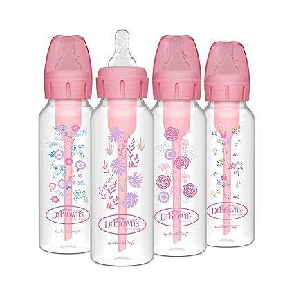 Dr. Brown's Natural Flow Anti-Colic Options+ Narrow Baby Bottle, 8 oz, Pink Floral, 4 Bottles with Level 1 Nipples - ClubOn