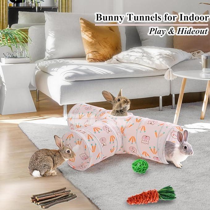 HERCOCCI Rabbit Toys, 3-Way Collapsible Tunnel & Chew Toys for Rabbit, Bunny, Guinea Pig, Ferret, Kitten - ClubOn