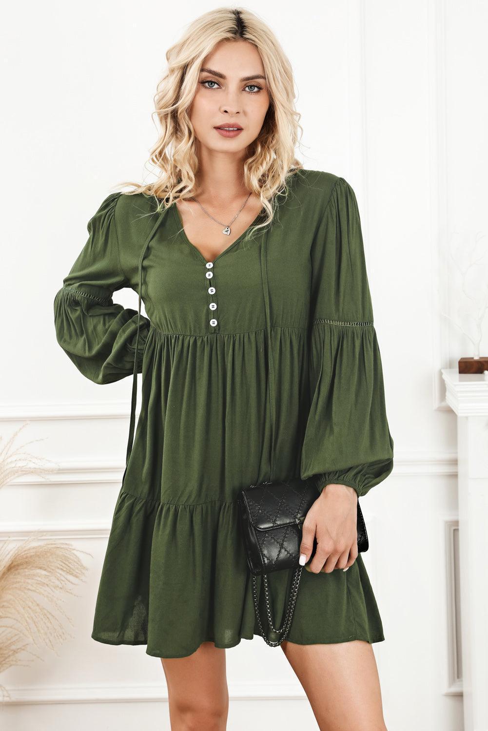 Tie Neck Long Sleeve Tiered Dress - ClubOn