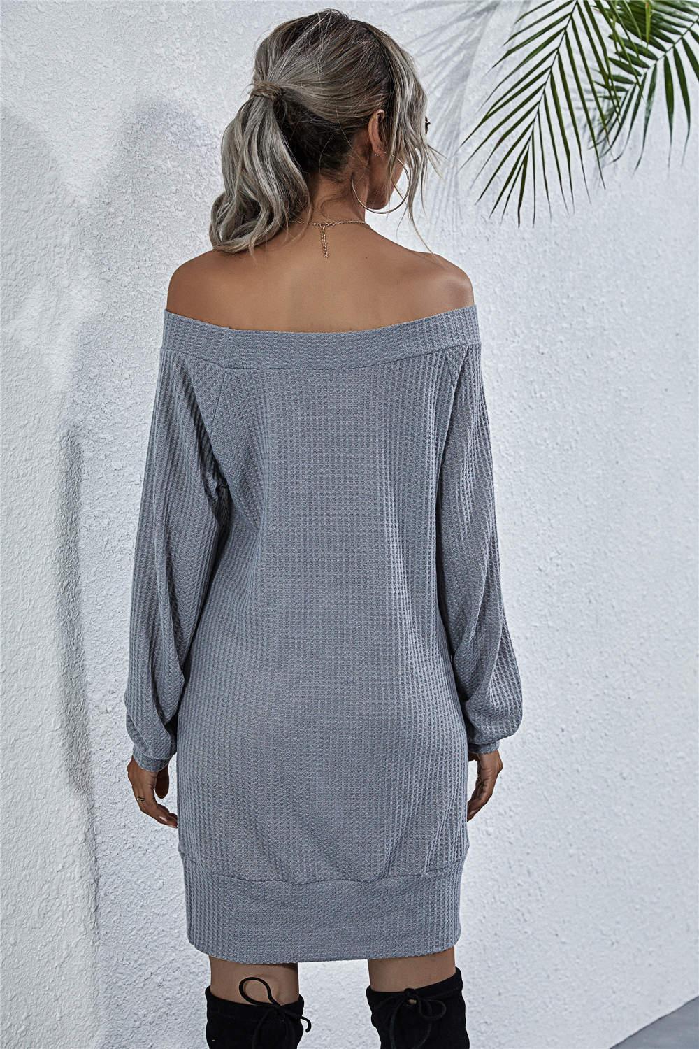 Waffle-Knit Boat Neck Mini Dress - ClubOn