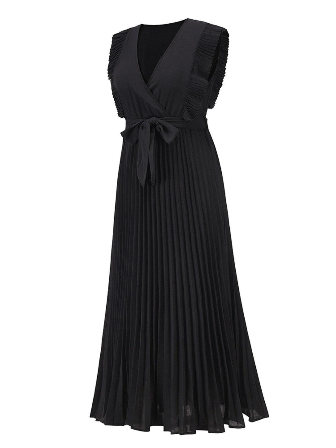 Tied Surplice Cap Sleeve Pleated Dress - ClubOn