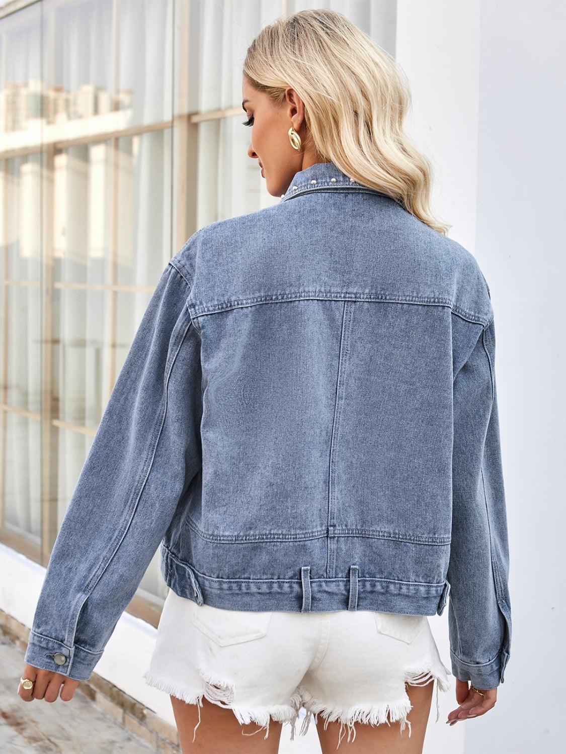 Studded Long Sleeve Denim Jacket - ClubOn