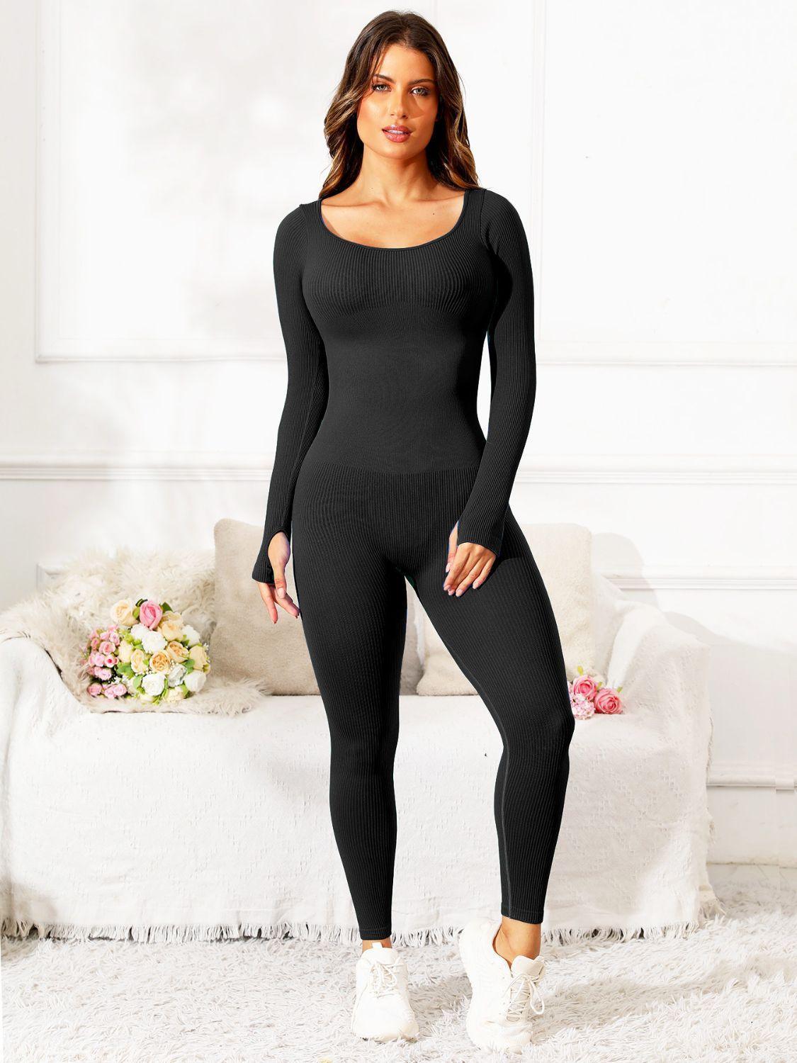 Scoop Neck Long Sleeve Active Jumpsuit - ClubOn