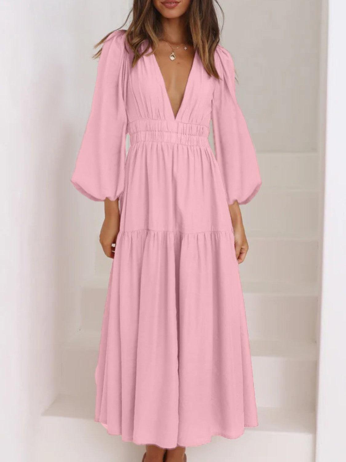 Deep V-Neck Balloon Sleeve Plain Maxi Dress - ClubOn