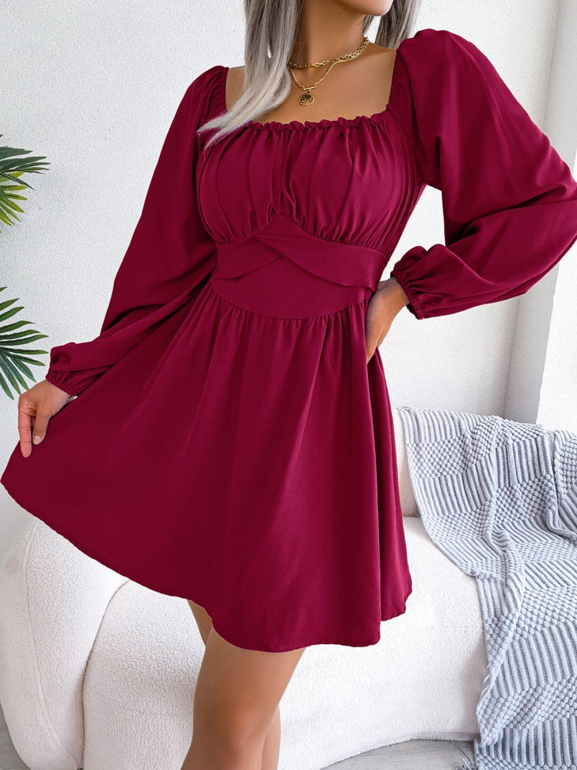Tied Square Neck Balloon Sleeve Dress - ClubOn