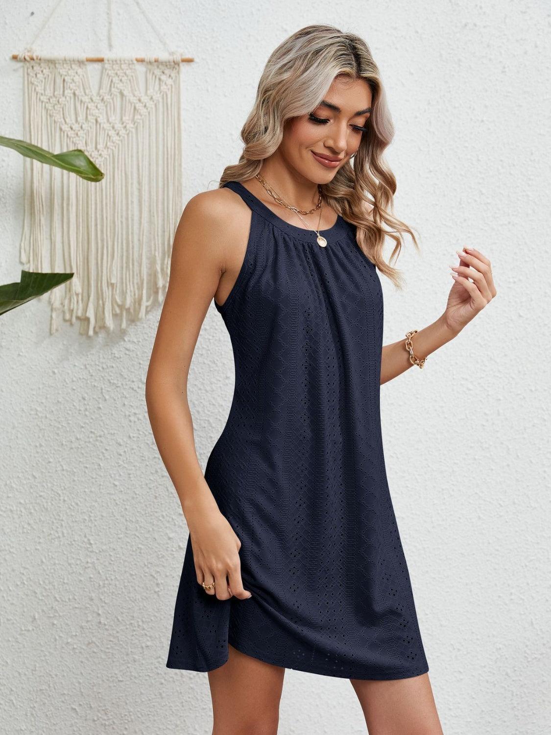 Eyelet Grecian Neck Mini Dress - ClubOn