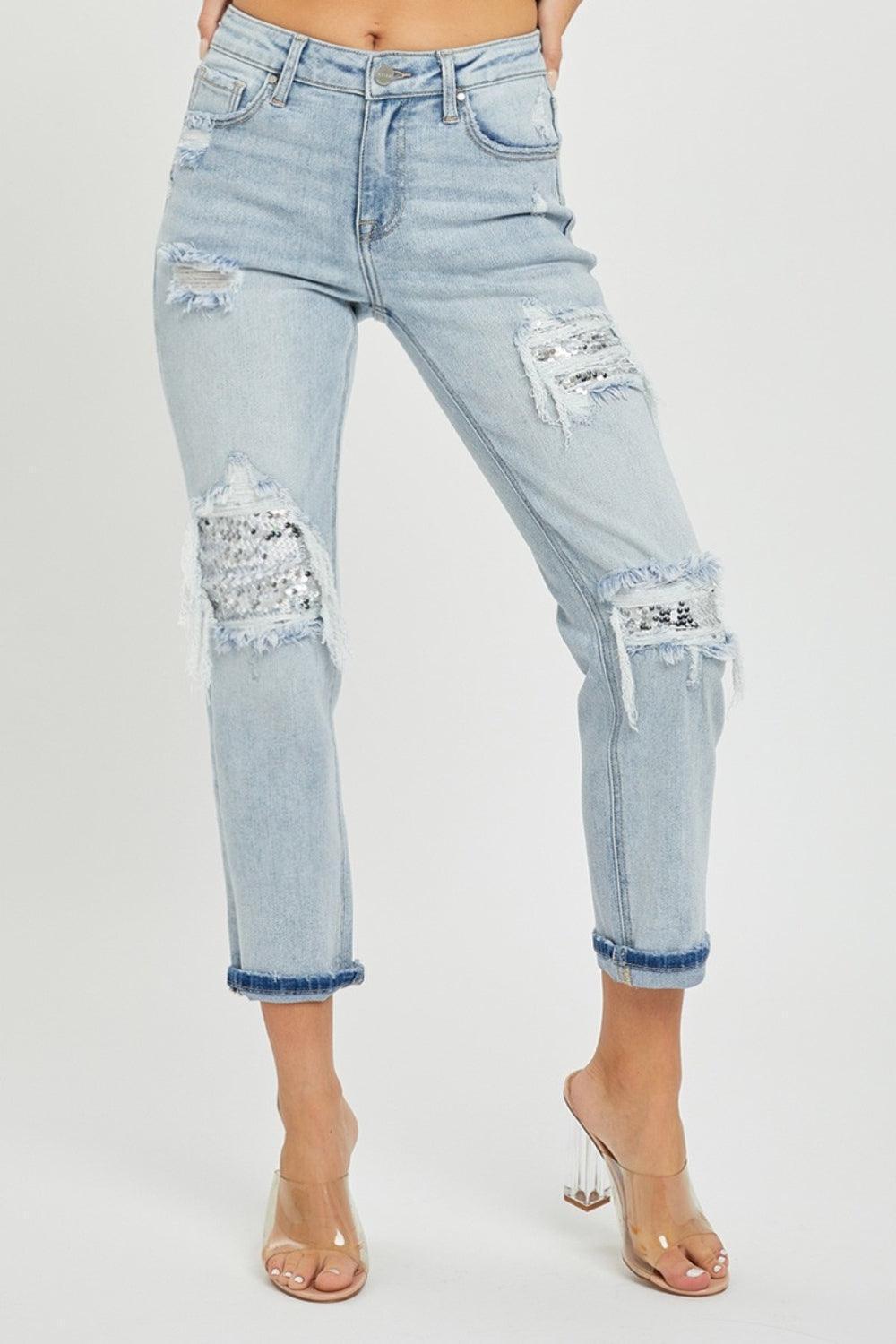 RISEN Mid-Rise Sequin Patched Jeans - ClubOn