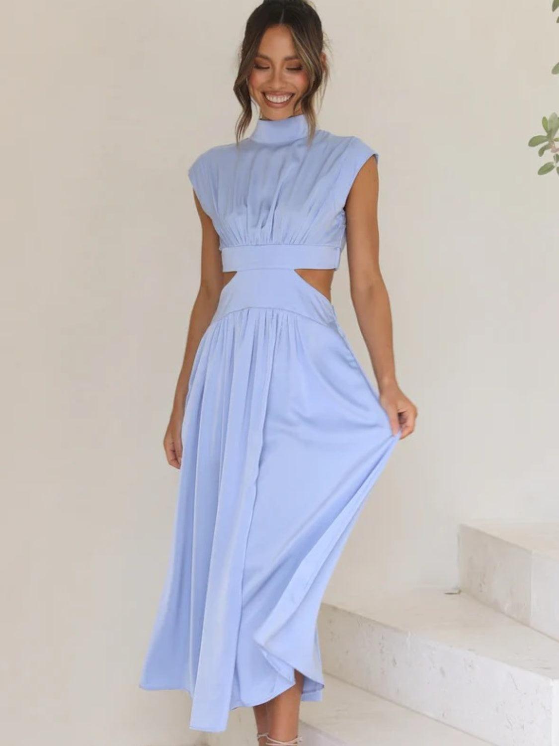 Cutout Mock Neck Sleeveless Ruched Dress - ClubOn