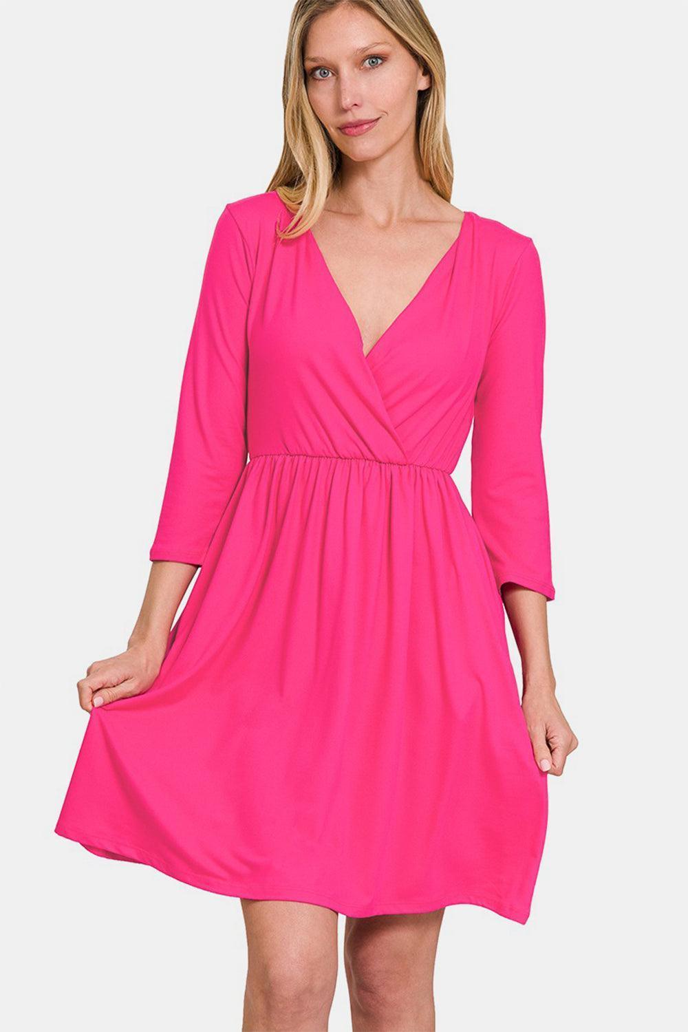 Zenana Three-Quarter Sleeve Surplice Dress with Pockets - ClubOn