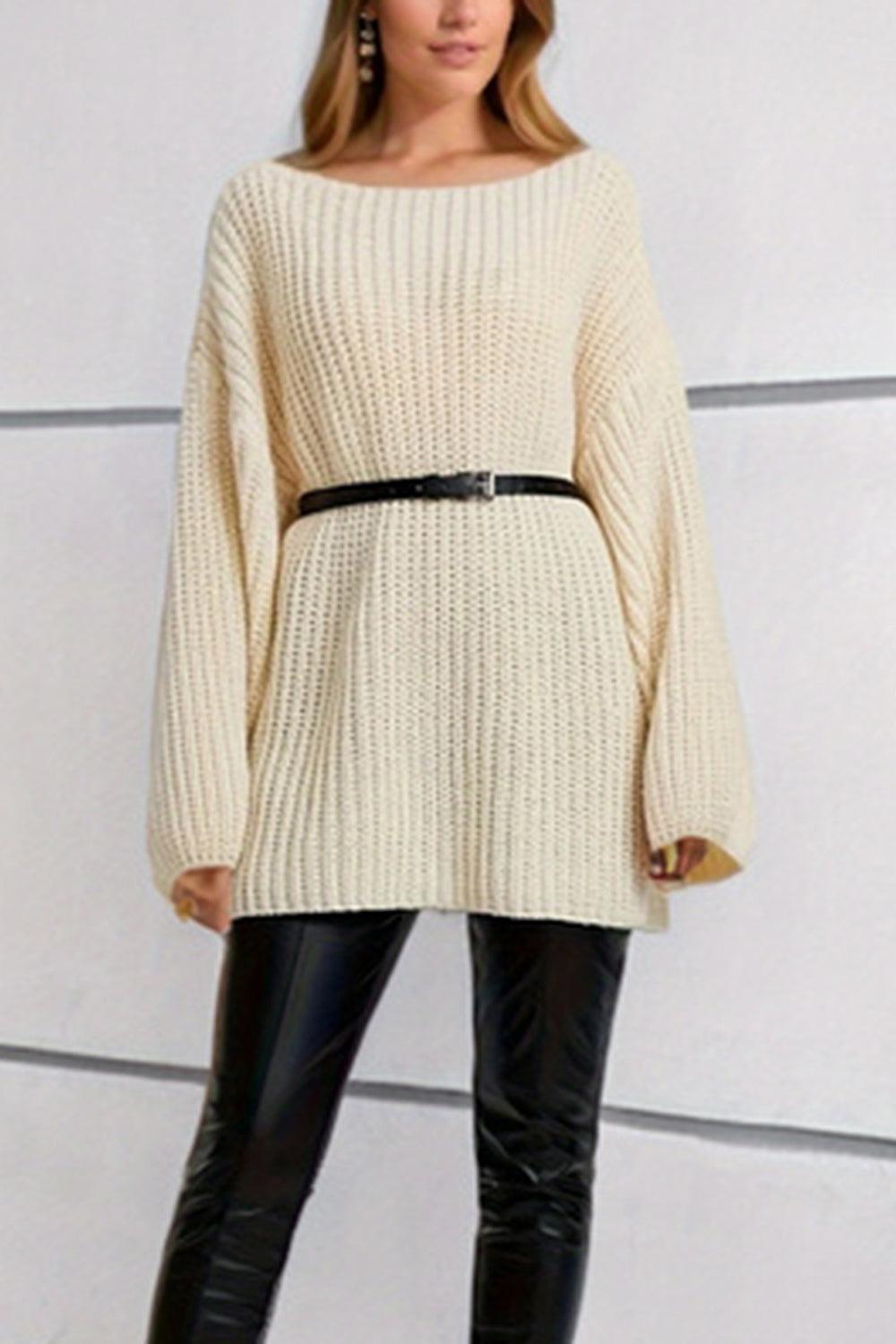 Boat Neck Dropped Shoulder Mini Sweater Dress - ClubOn