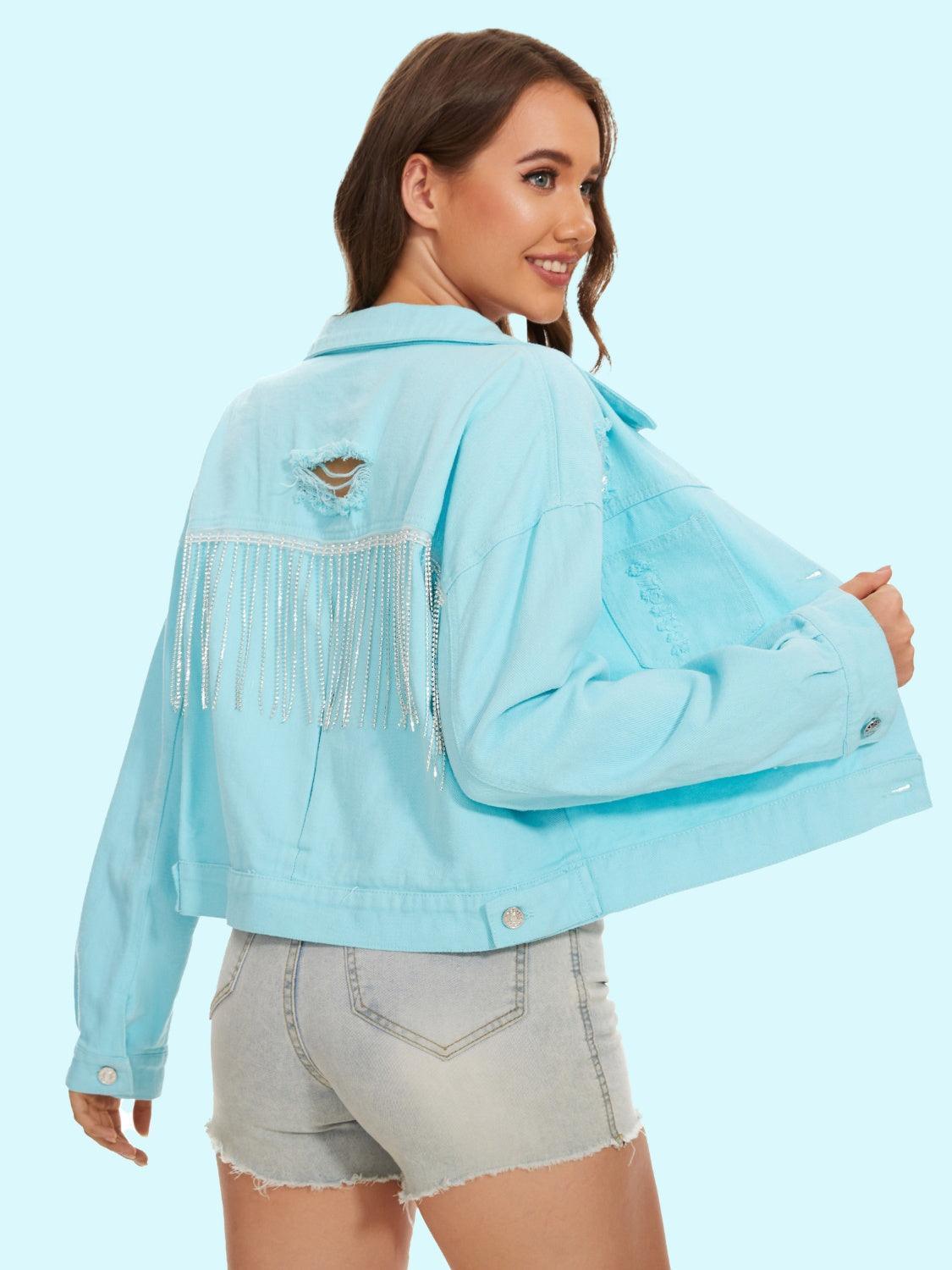 Distressed Distressed Button Up Denim Jacket - ClubOn