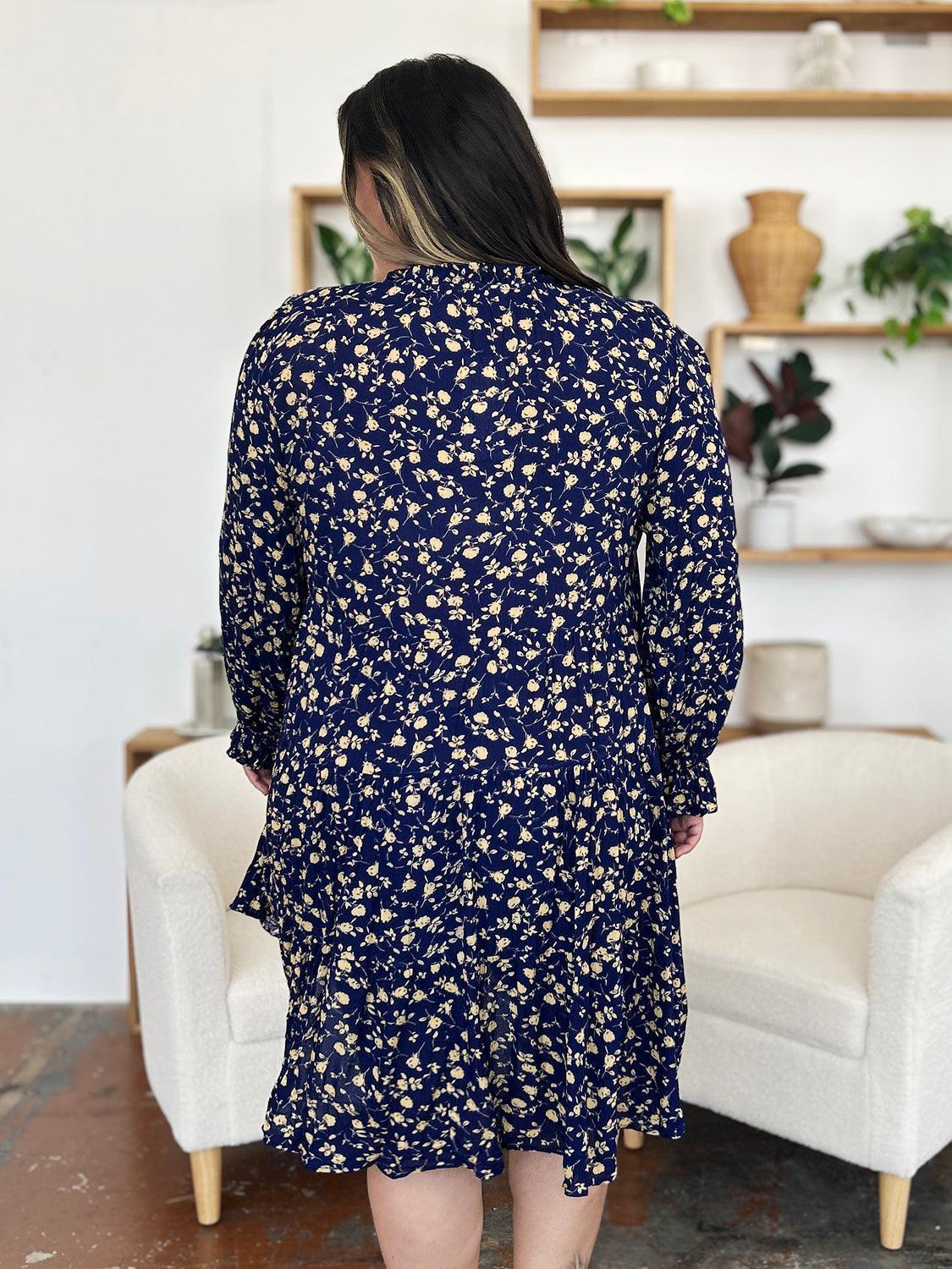 Double Take Full Size Printed Ruffle Hem Long Sleeve Tiered Dress - ClubOn