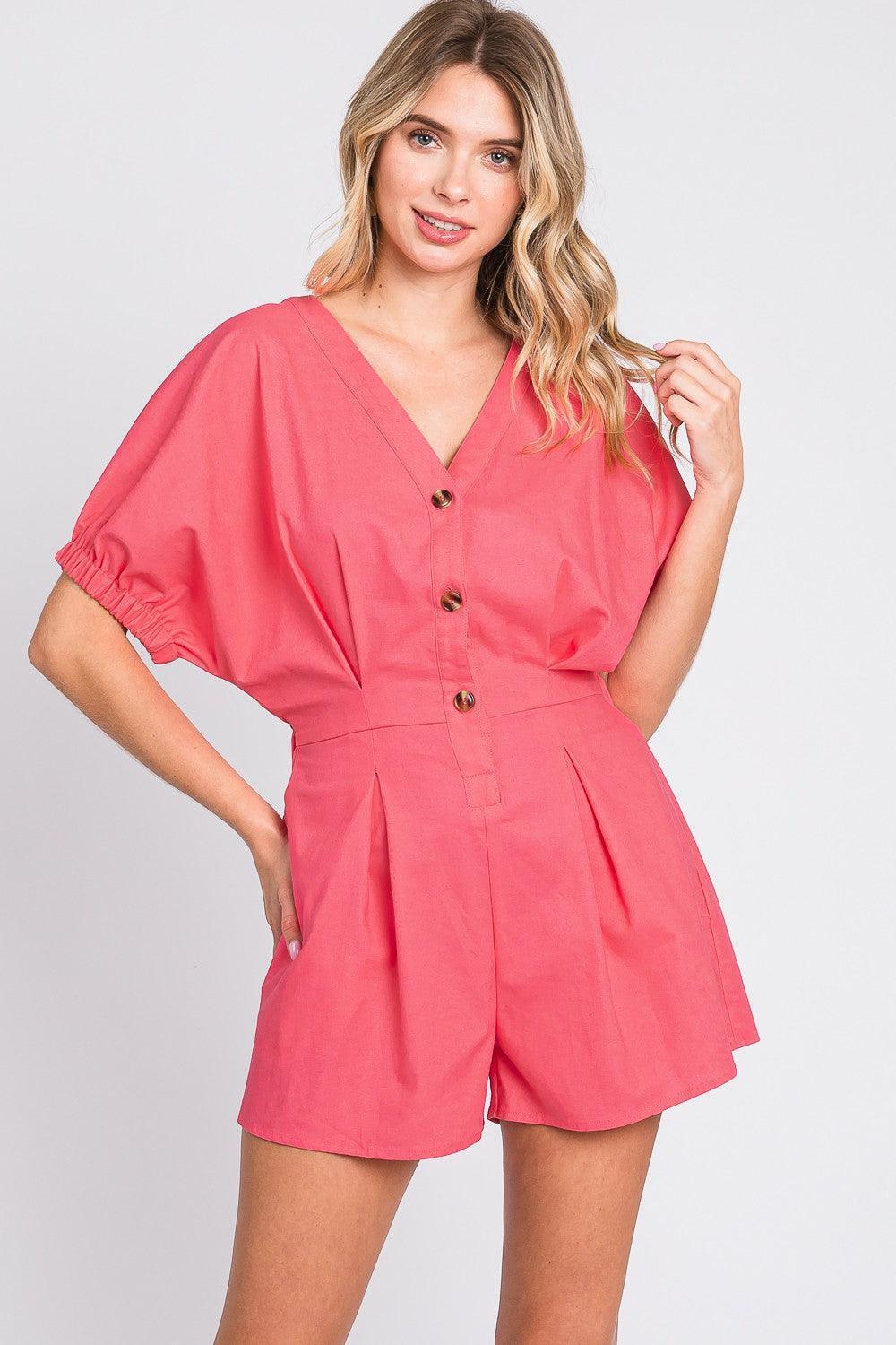 GeeGee Half Button V-Neck Linen Romper - ClubOn