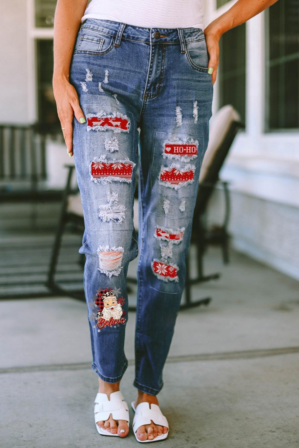 Santa Graphic Distressed Straight Jeans - ClubOn