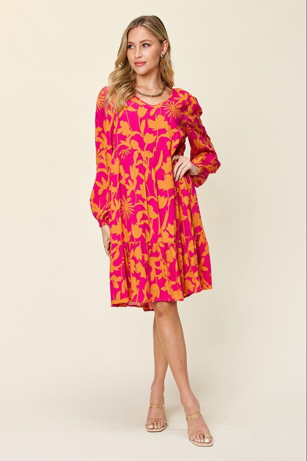 Double Take Full Size Printed Ruffle Hem Dress with Pocket - ClubOn