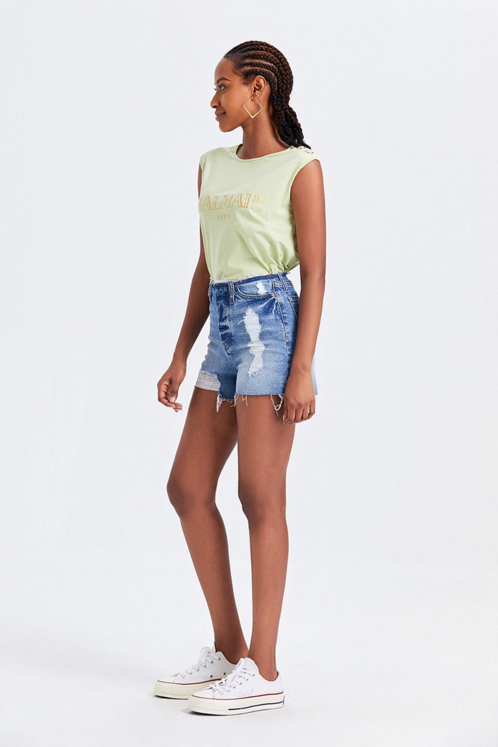BAYEAS High Rise Bandless Denim Shorts - ClubOn