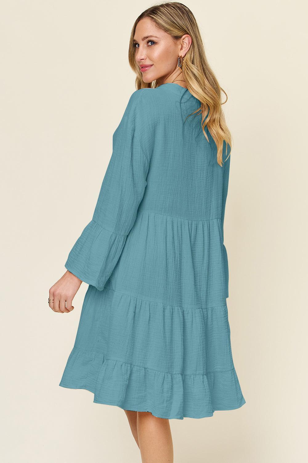 Double Take Full Size Texture Button Up Ruffle Hem Dress - ClubOn