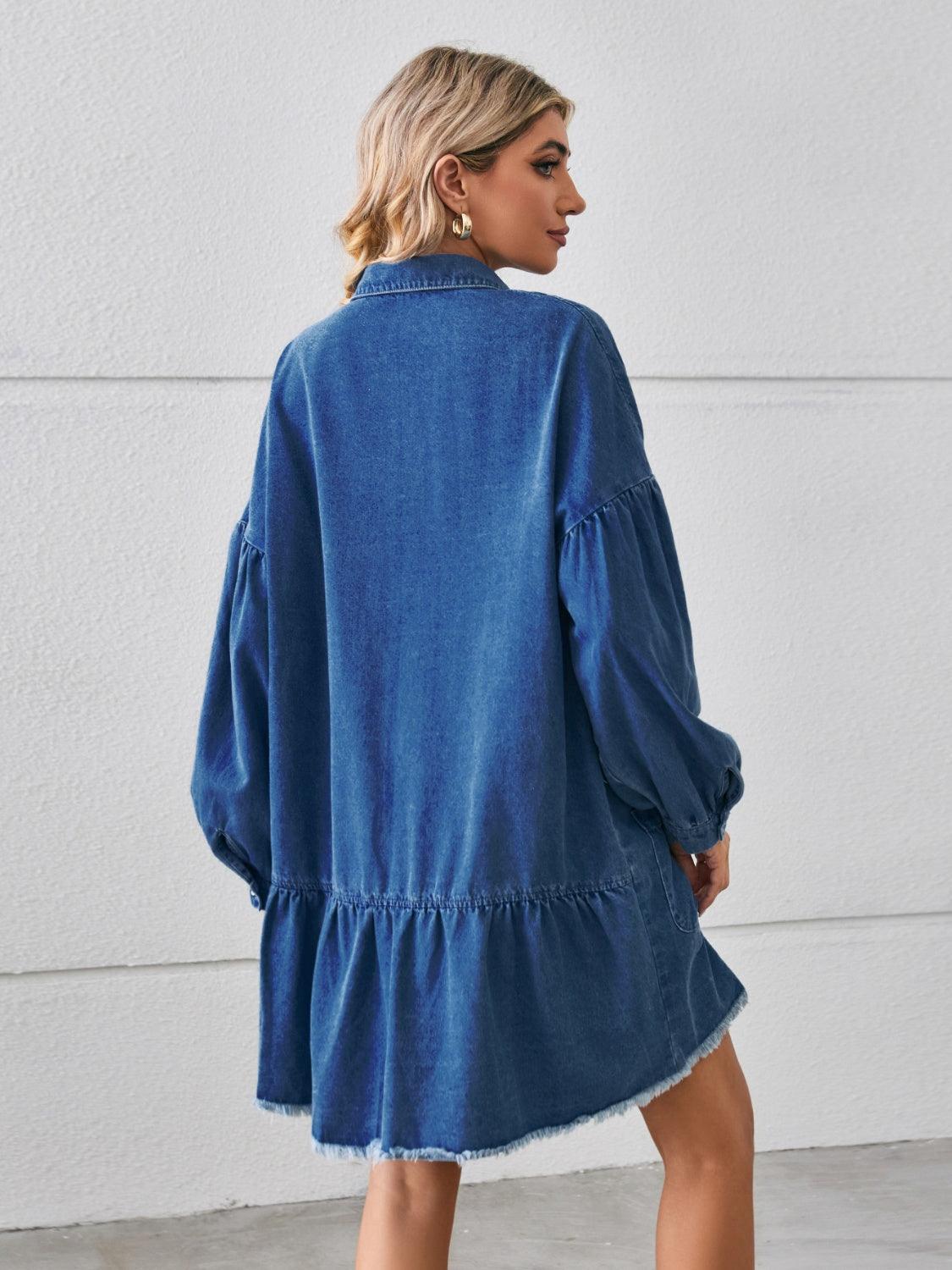 Button Up Pocketed Raw Hem Denim Dress - ClubOn