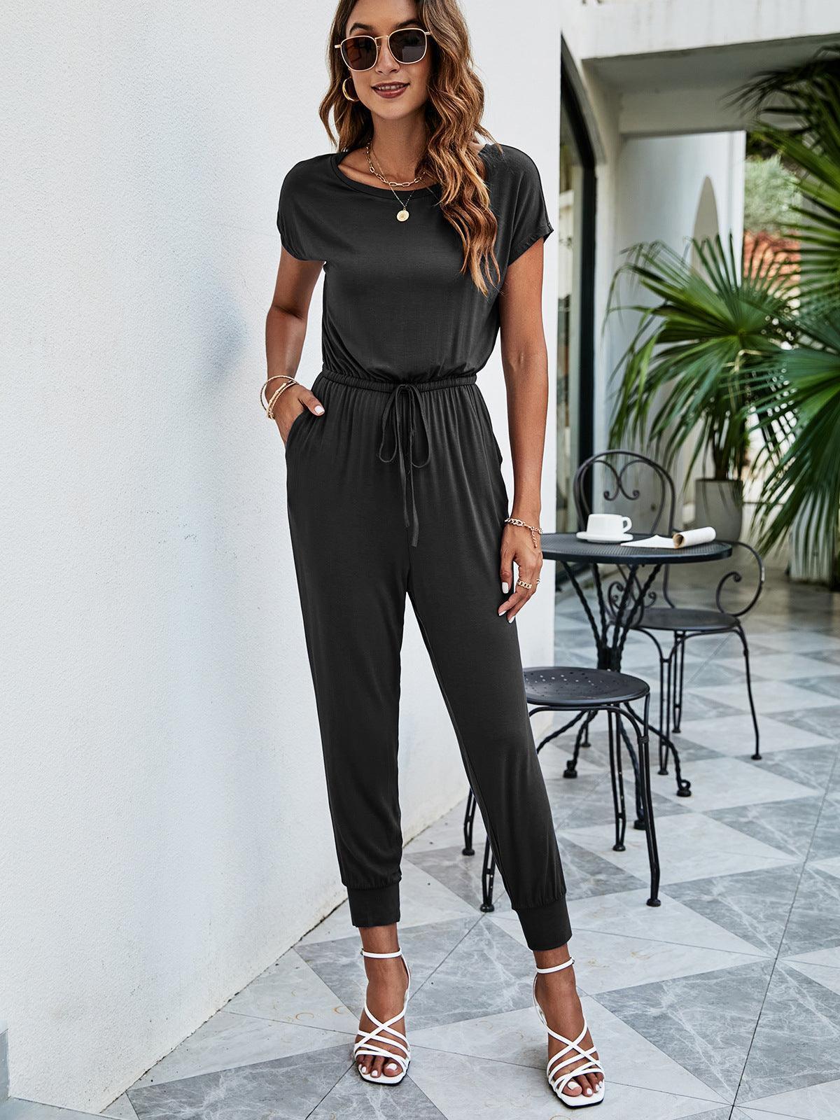 Drawstring Waist Short Sleeve Jogger Jumpsuit - ClubOn