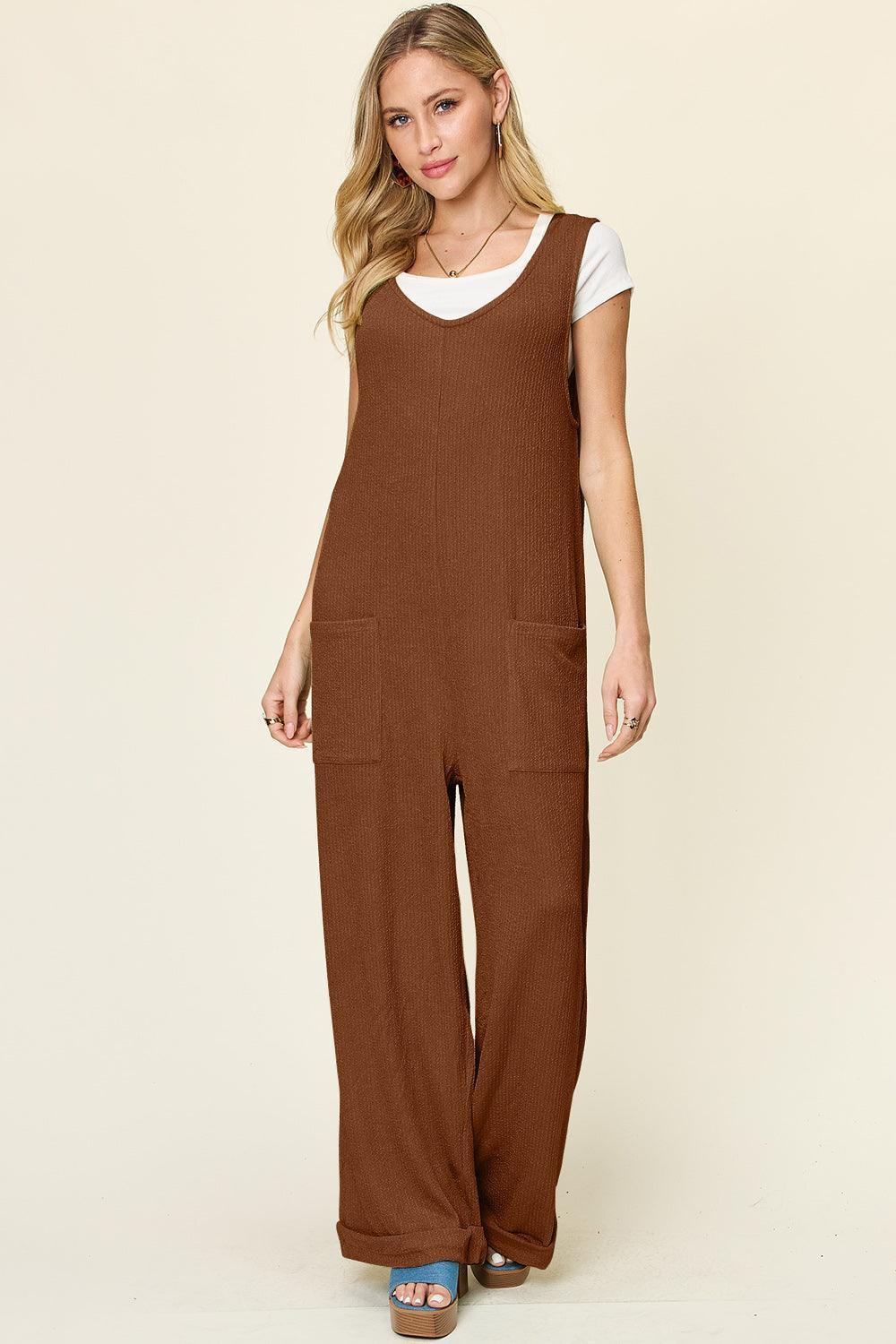 Double Take Full Size Texture Sleeveless Wide Leg Jumpsuit - ClubOn