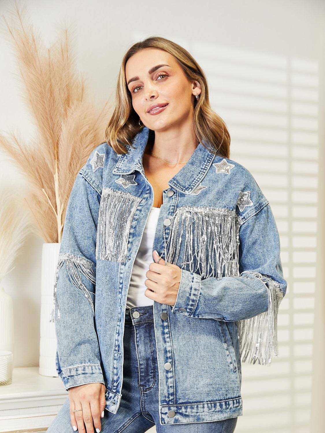 Fringe Detail Long Sleeve Denim Jacket - ClubOn