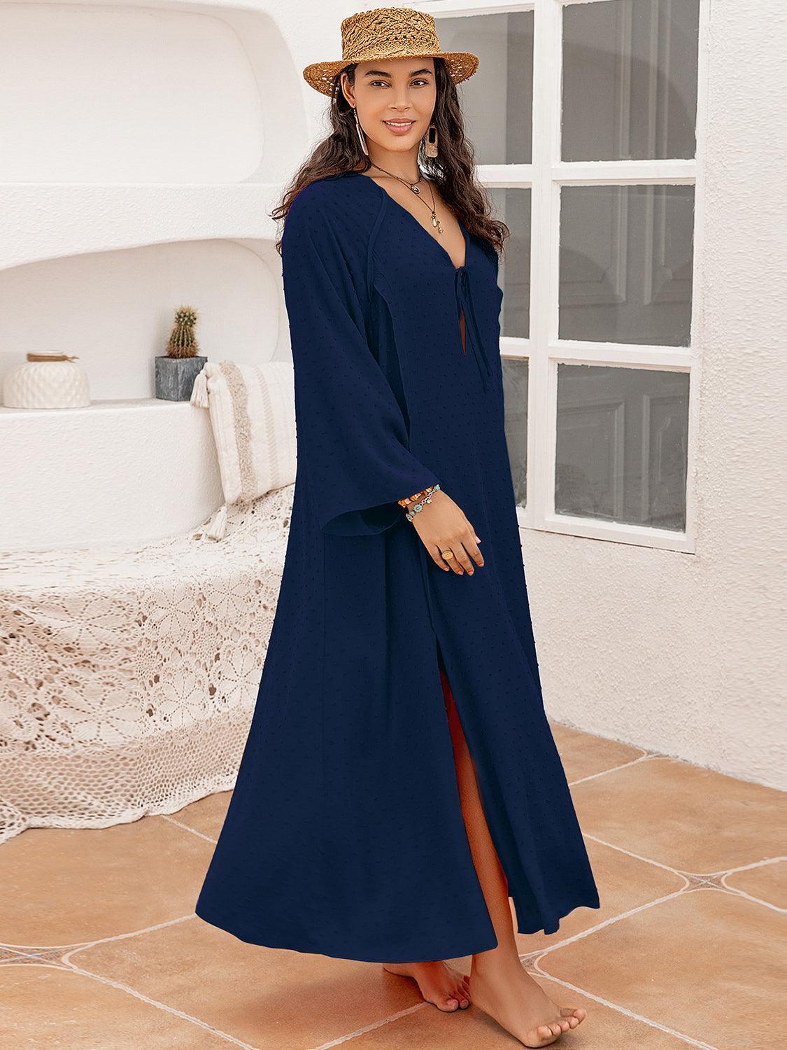 Plus Size Tie Neck Long Sleeve Slit Dress - ClubOn