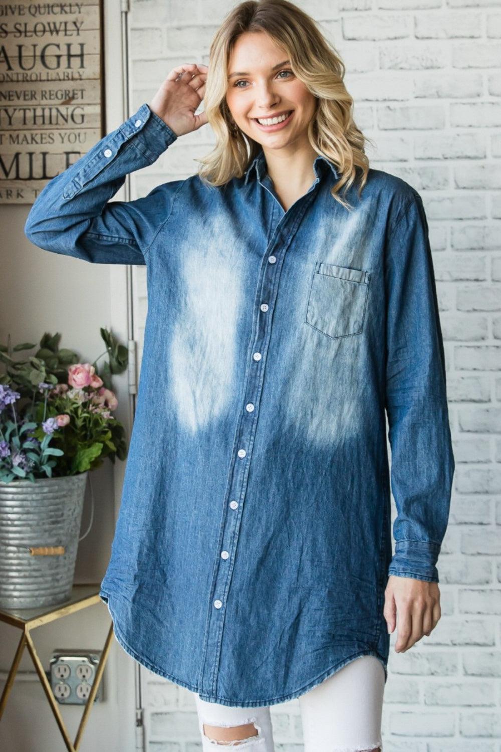 Veveret Pocketed Button Up Washed Denim Shirt - ClubOn