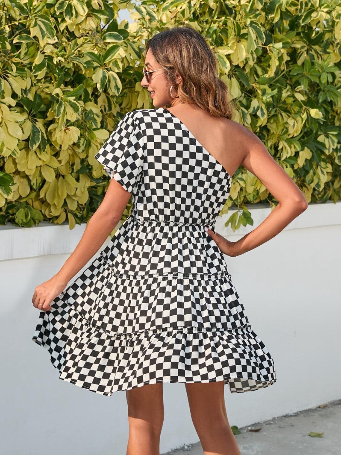 Checkered Single Shoulder Mini Dress - ClubOn