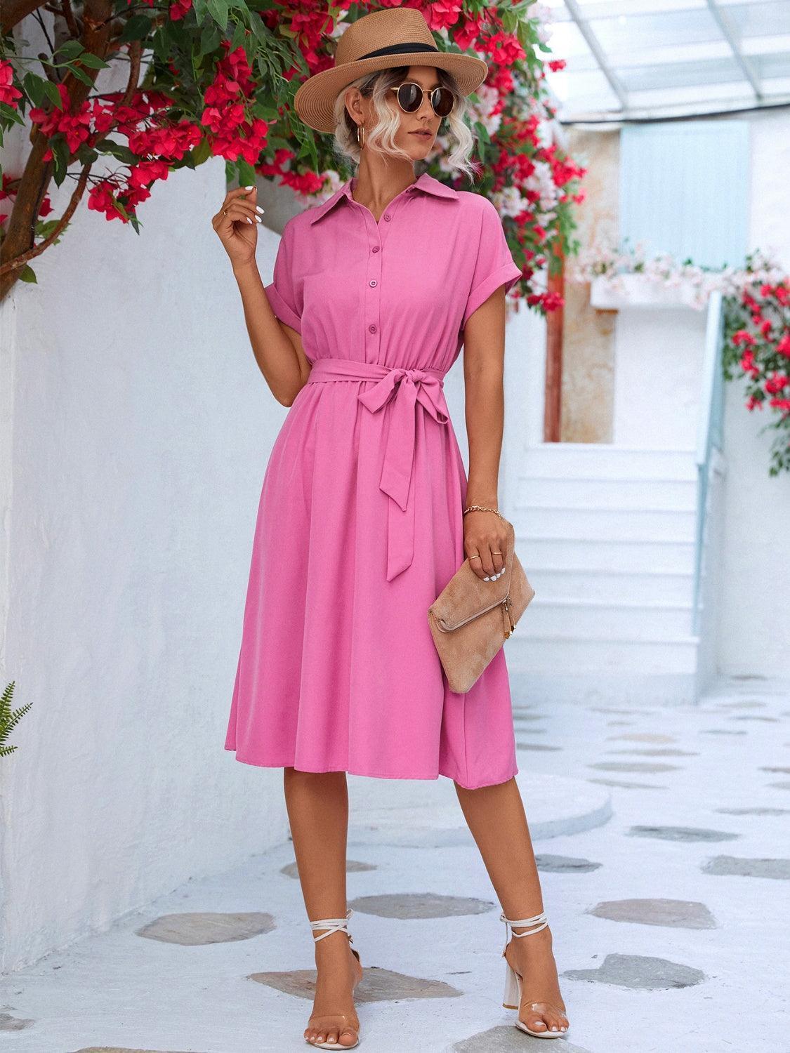 Buttoned Tie Waist Short Sleeve Dress - ClubOn