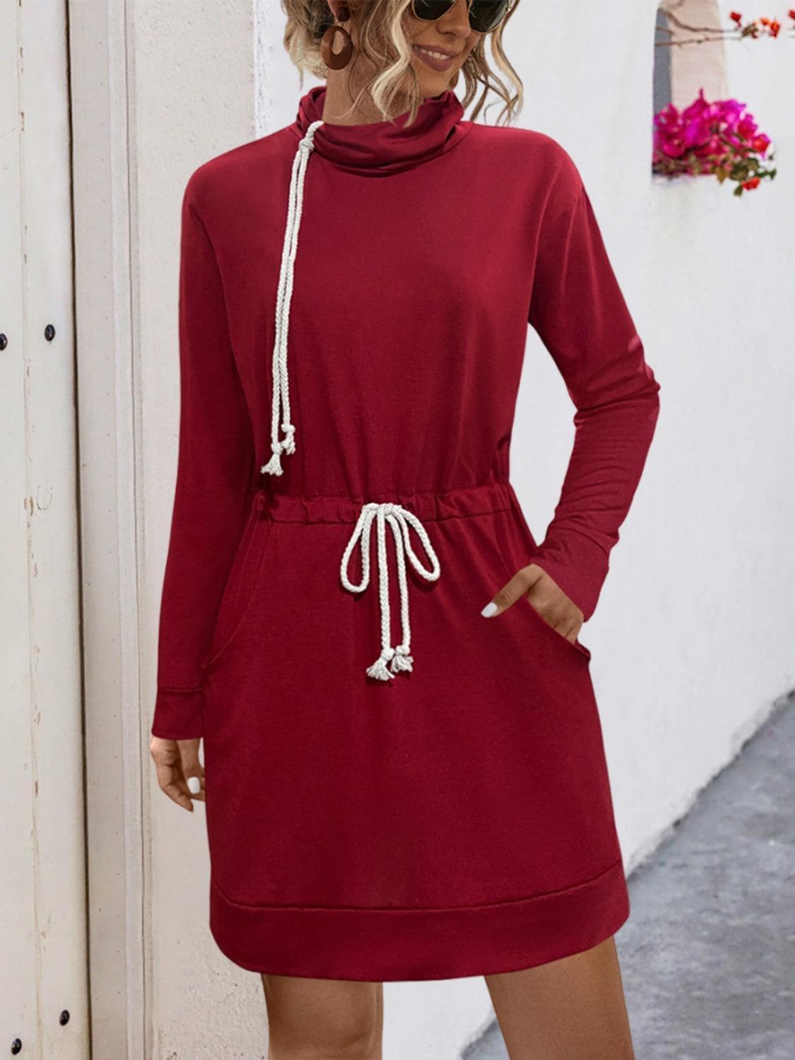 Drawstring Turtleneck Long Sleeve Mini Dress - ClubOn