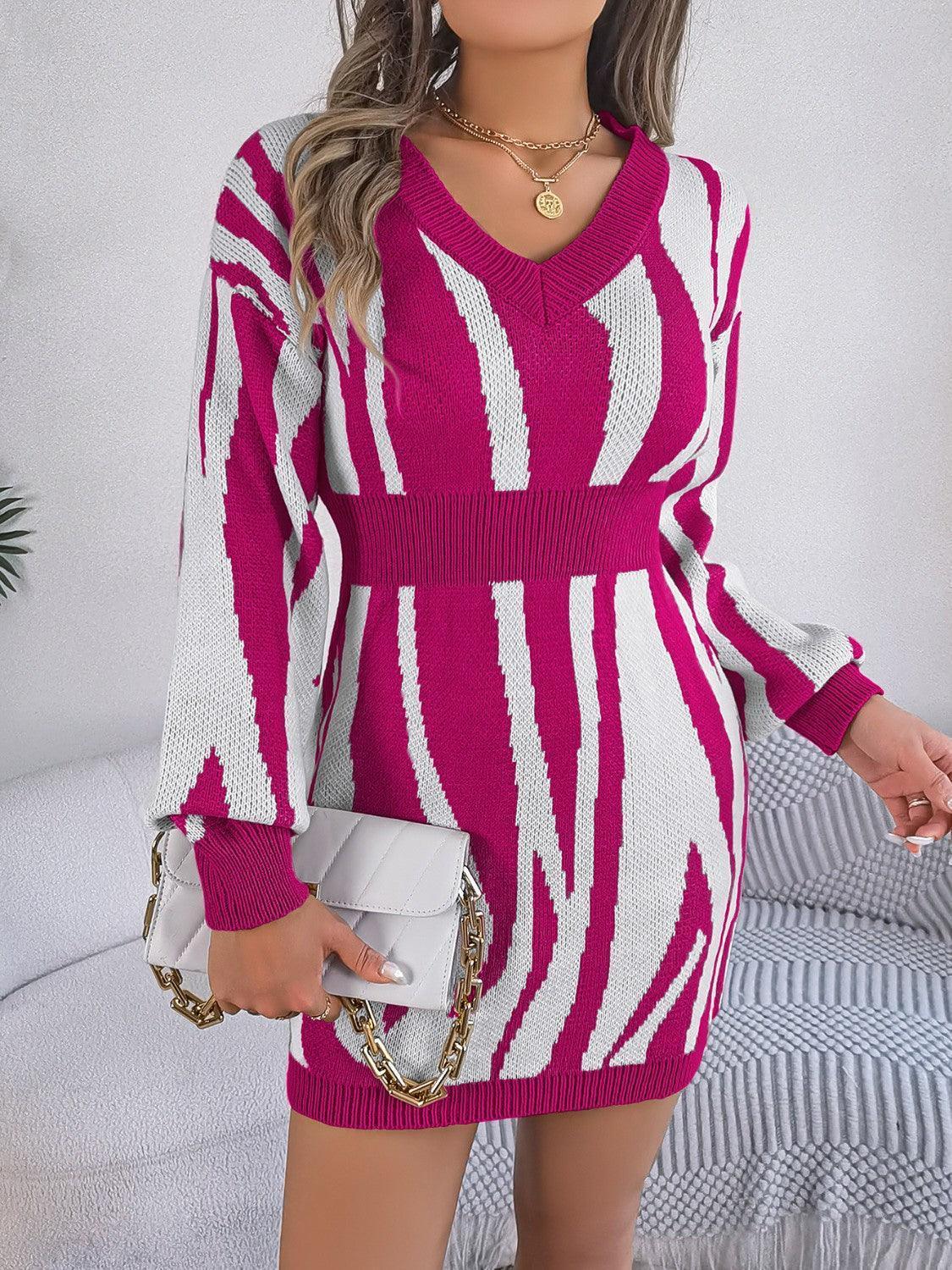 Animal Print V-Neck Long Sleeve Sweater Dress - ClubOn