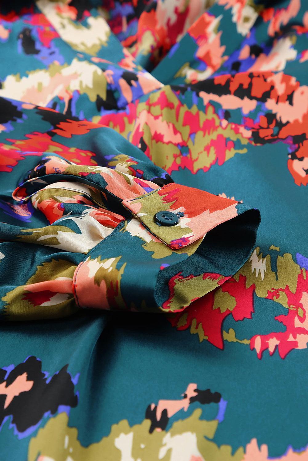 Plus Size Printed Johnny Collar Long Sleeve Blouse - ClubOn