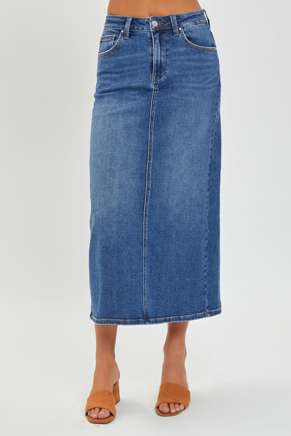 RISEN High Rise Back Slit Denim Skirt - ClubOn