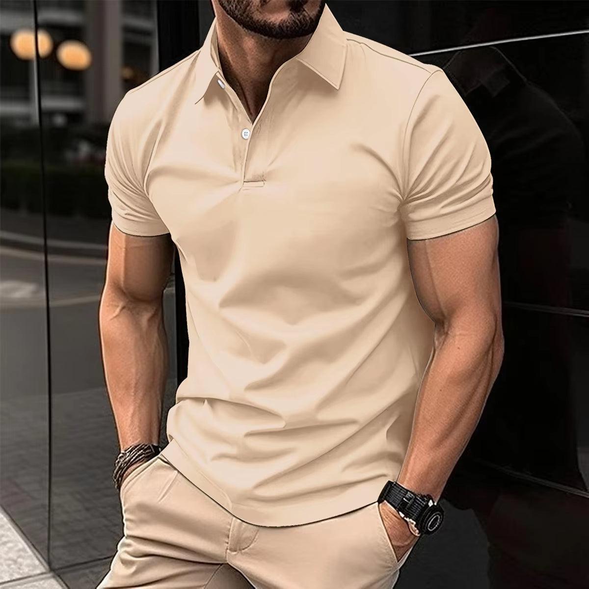 Men's Fashionable Button Polo T-Shirt - Solid Color Lapel Streetwear - ClubOn