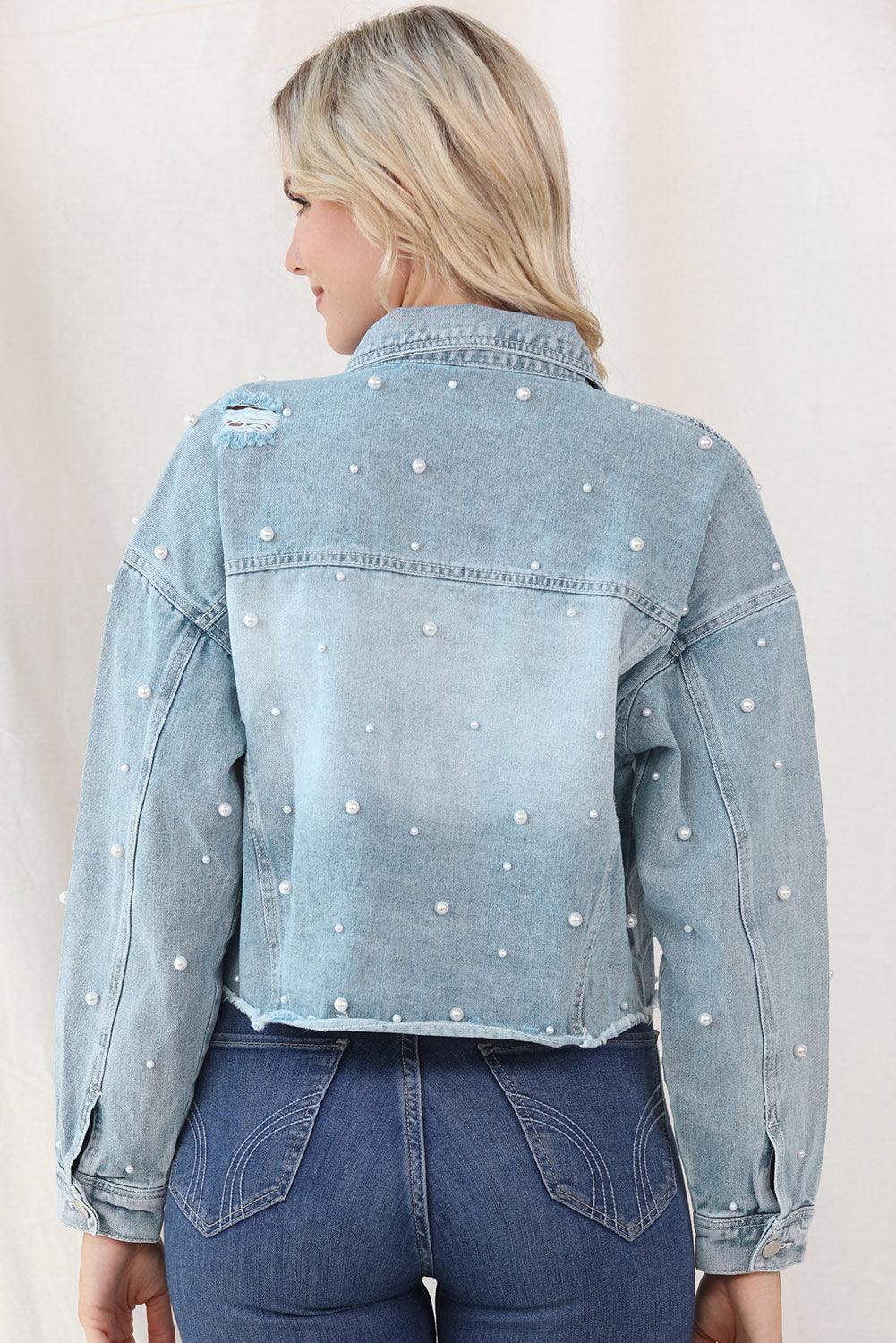 Distressed Pearl Trim Button Up Denim Jacket - ClubOn