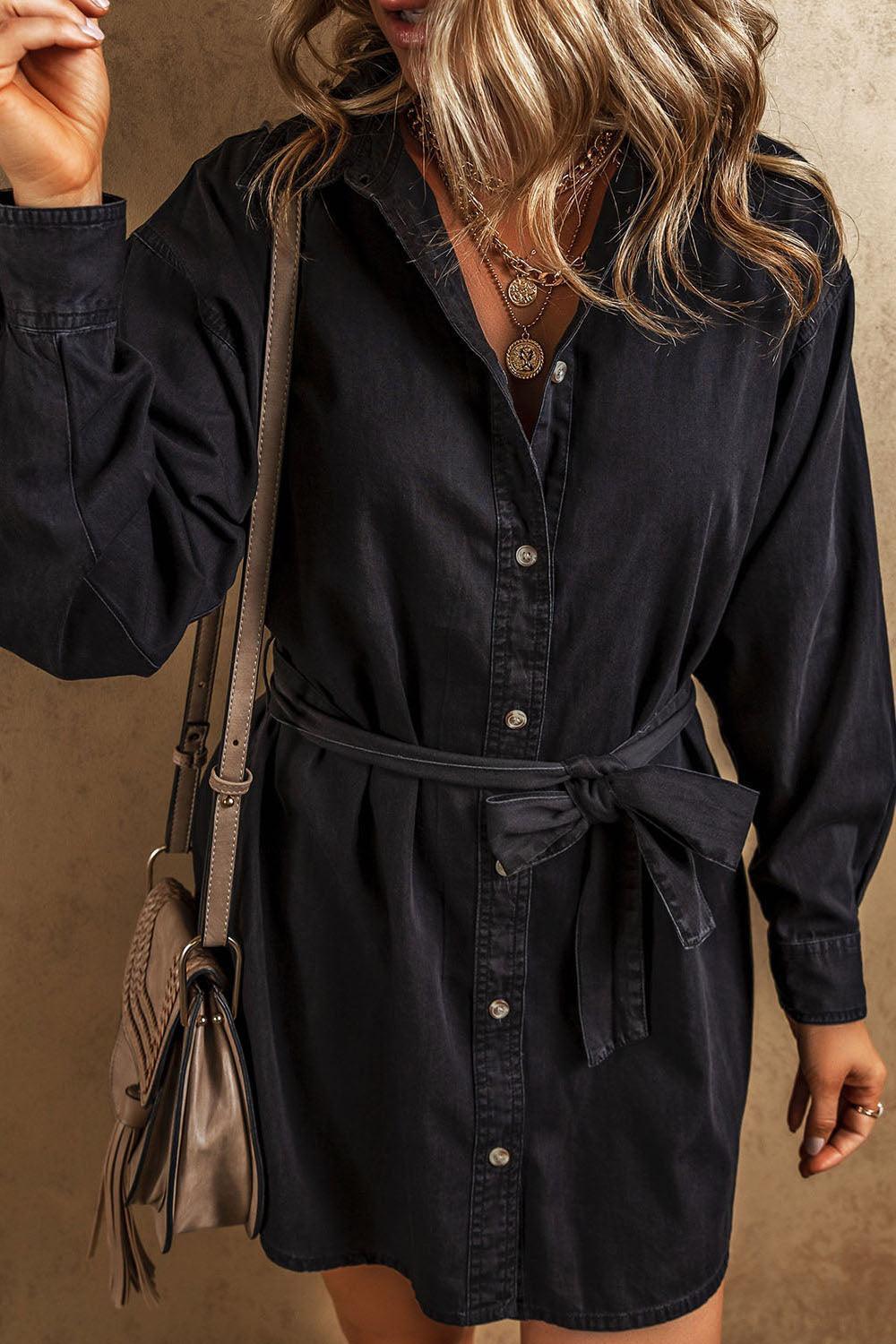 Button Up Collared Neck Denim Dress - ClubOn