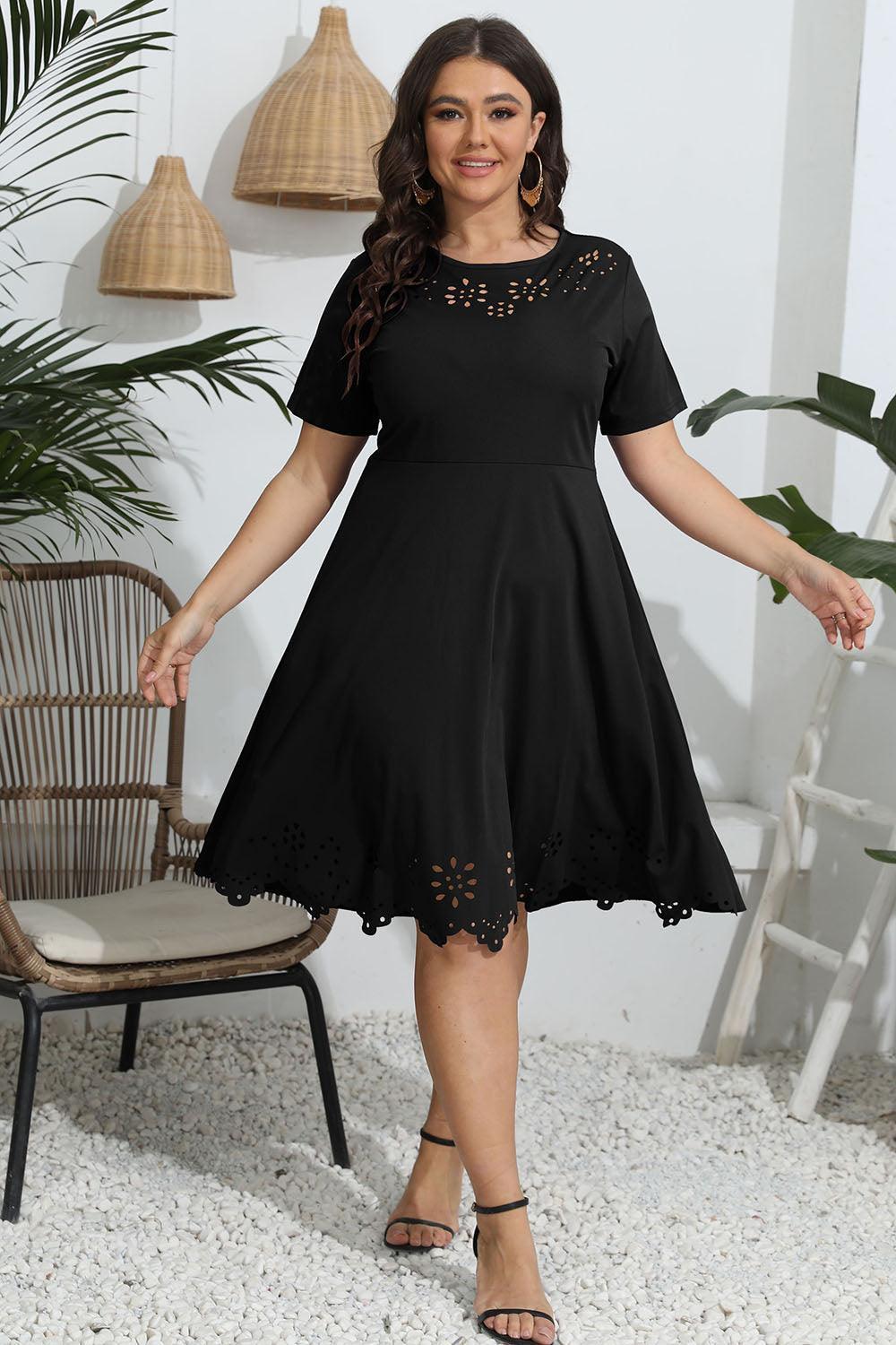 Plus Size Round Neck Openwork Dress - ClubOn