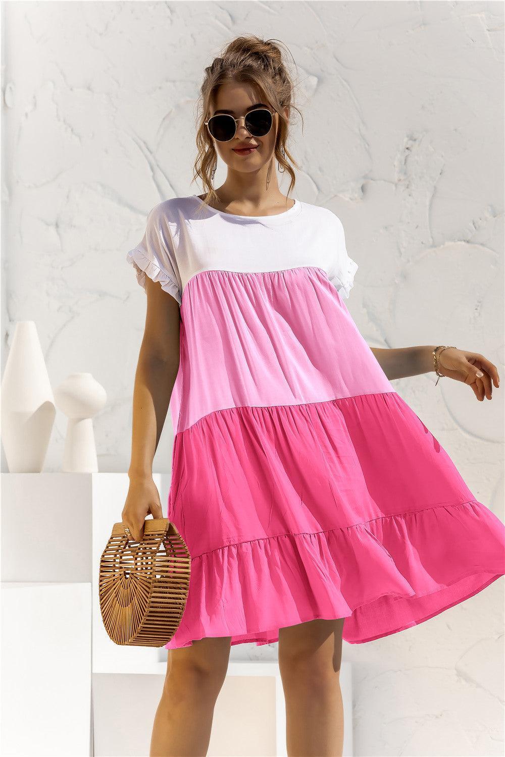 Color Block Round Neck Ruffle Hem Dress - ClubOn
