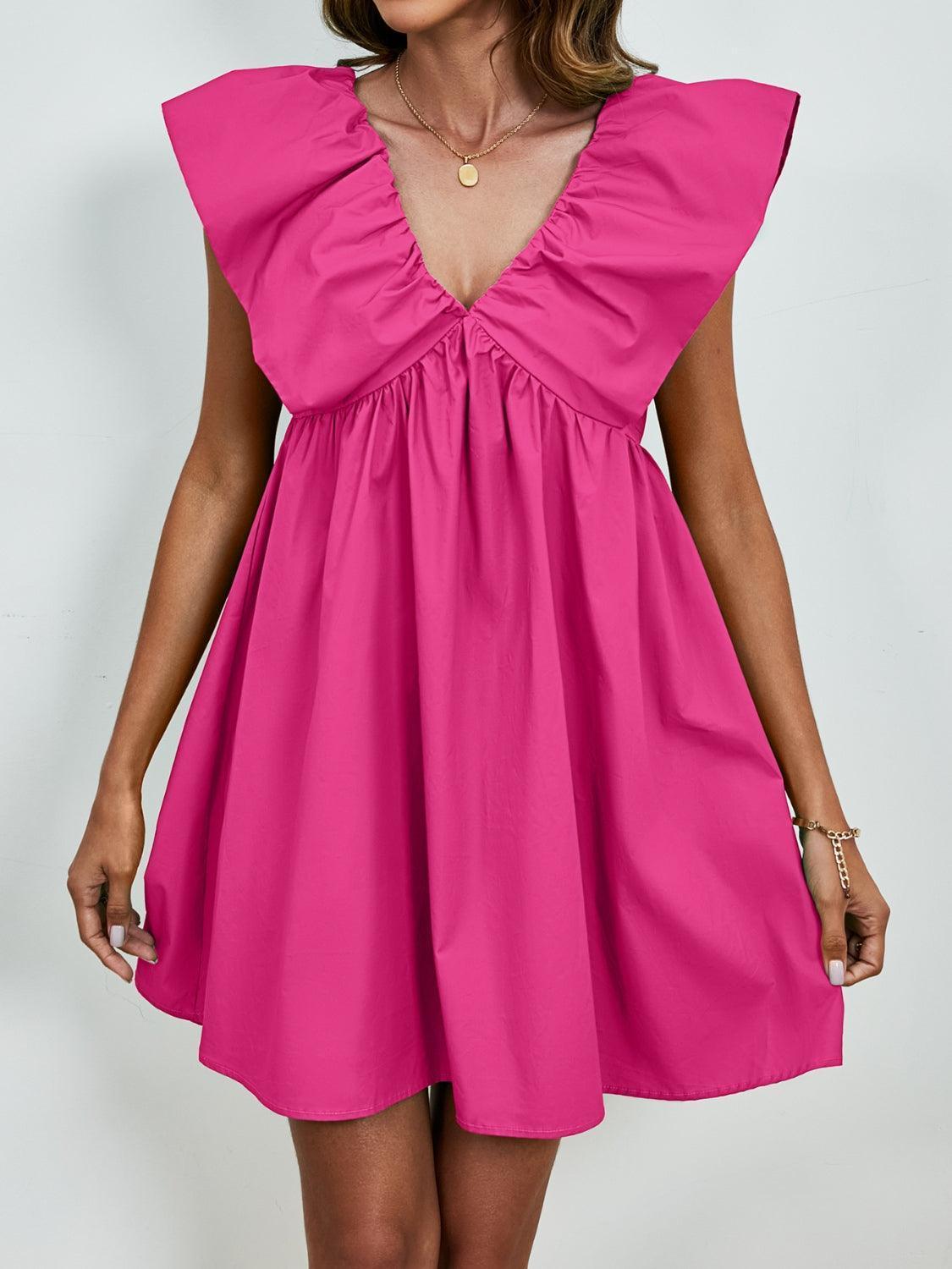 V-Neck Cap Sleeve Mini Dress - ClubOn