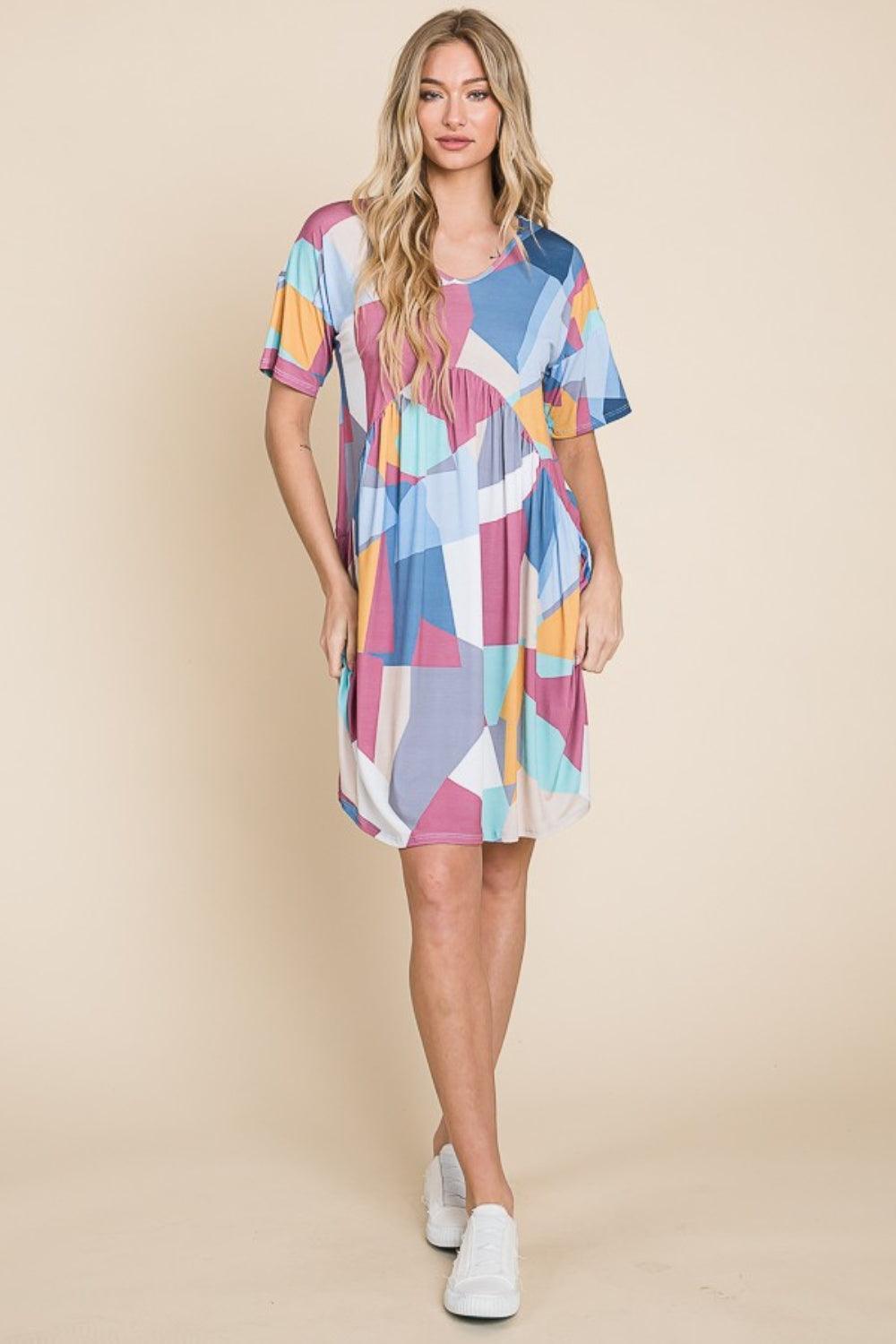 BOMBOM Ruched Color Block Short Sleeve Dress - ClubOn