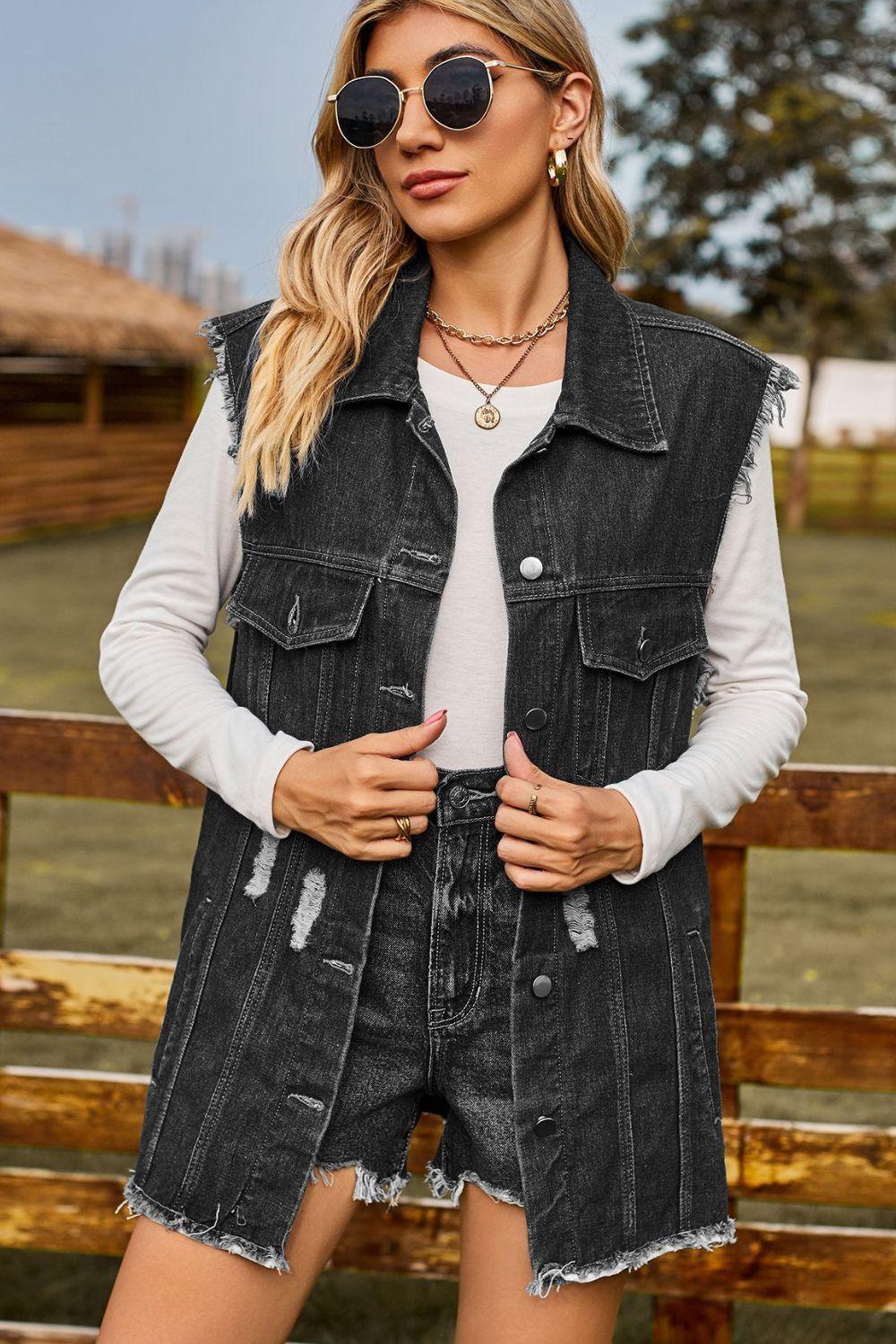 Sleeveless Button-Up Collared Denim Top with Pockets - ClubOn