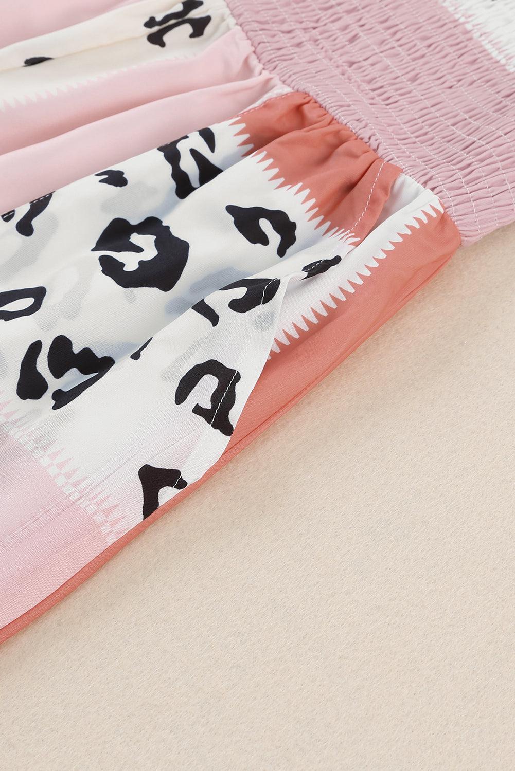 Leopard Color Block Smocked Jumpsuit - ClubOn