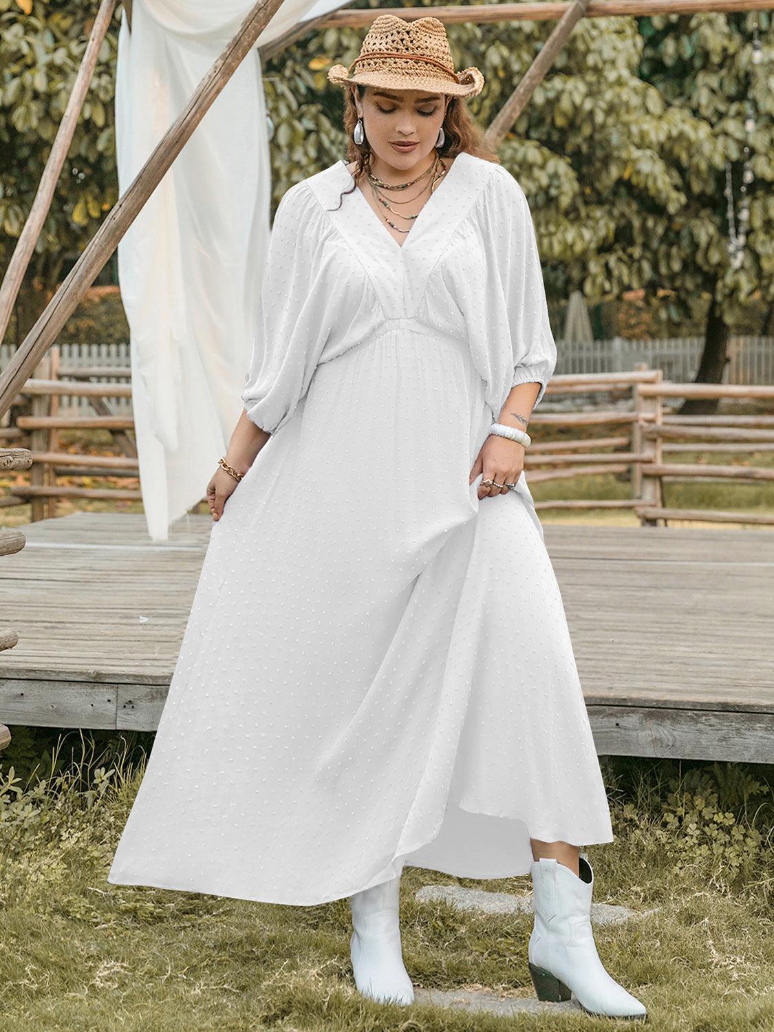 Plus Size Swiss Dot V-Neck Three-Quarter Sleeve Dress - ClubOn