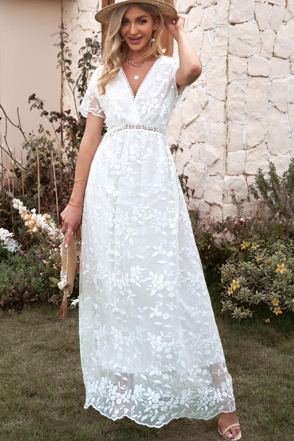 Embroidered Short Sleeve Surplice Neck Maxi Dress - ClubOn
