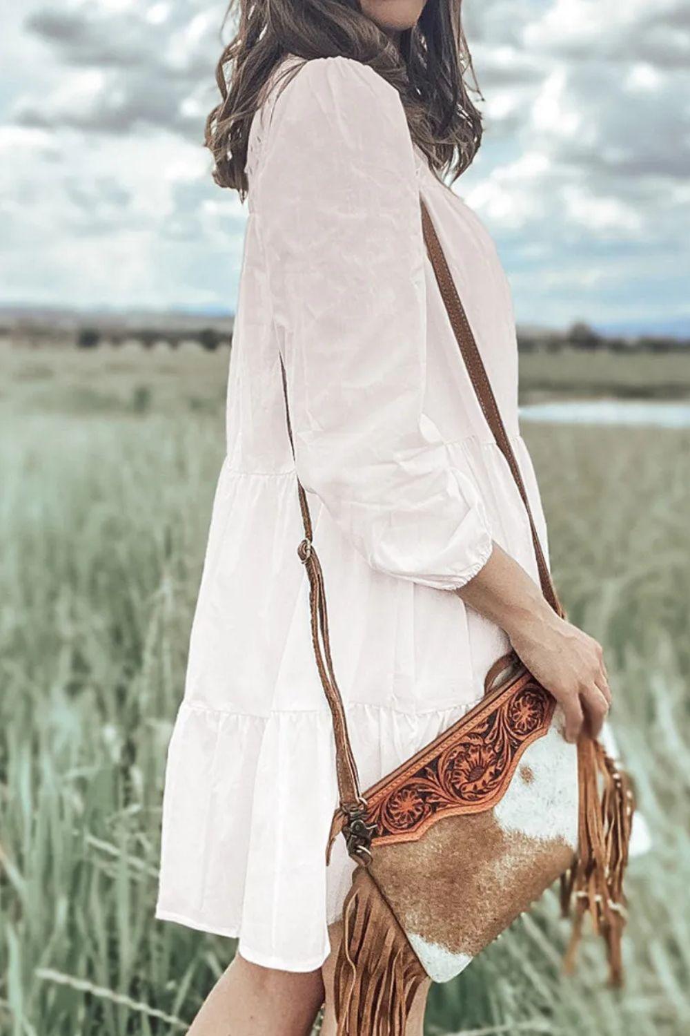 Tiered Round Neck Three-Quarter Sleeve Dress - ClubOn