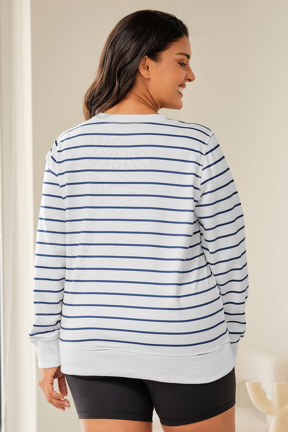 Plus Size Striped Round Neck Long Sleeve T-Shirt - ClubOn