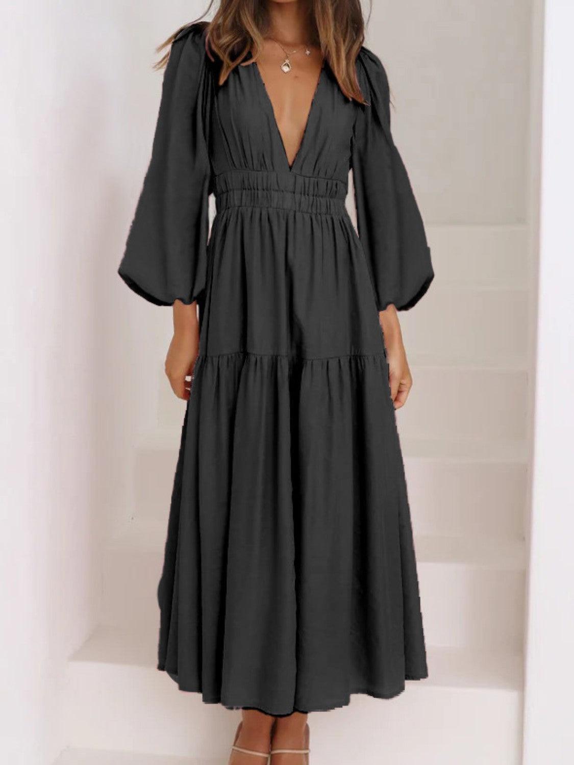 Deep V-Neck Balloon Sleeve Plain Maxi Dress - ClubOn