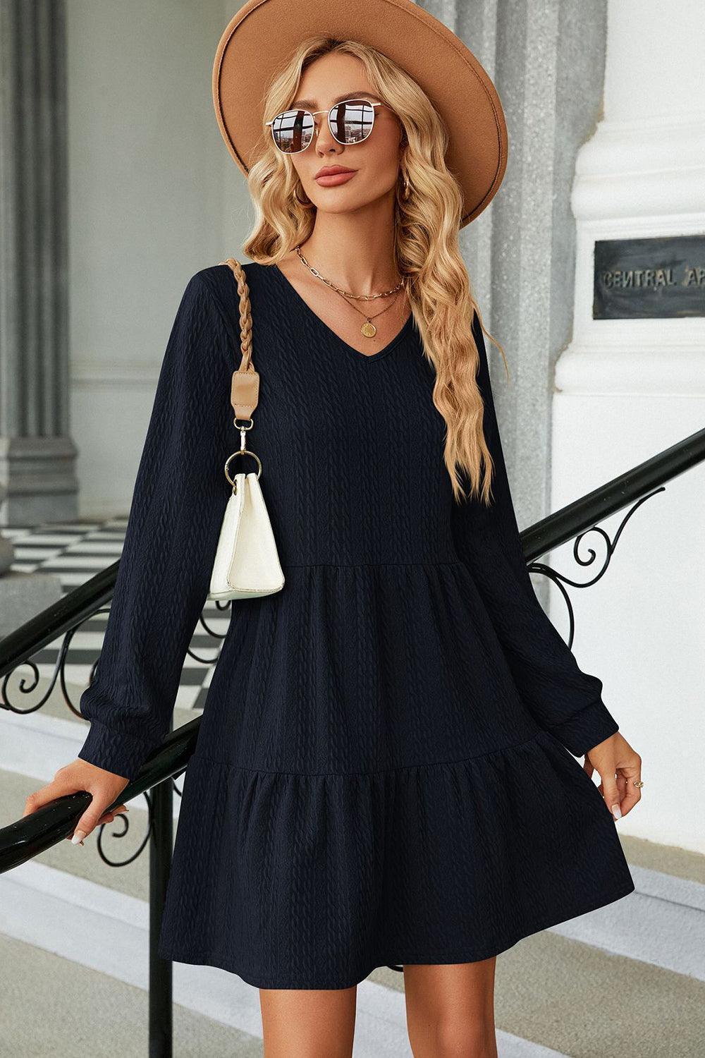 V-Neck Long Sleeve Mini Dress - ClubOn