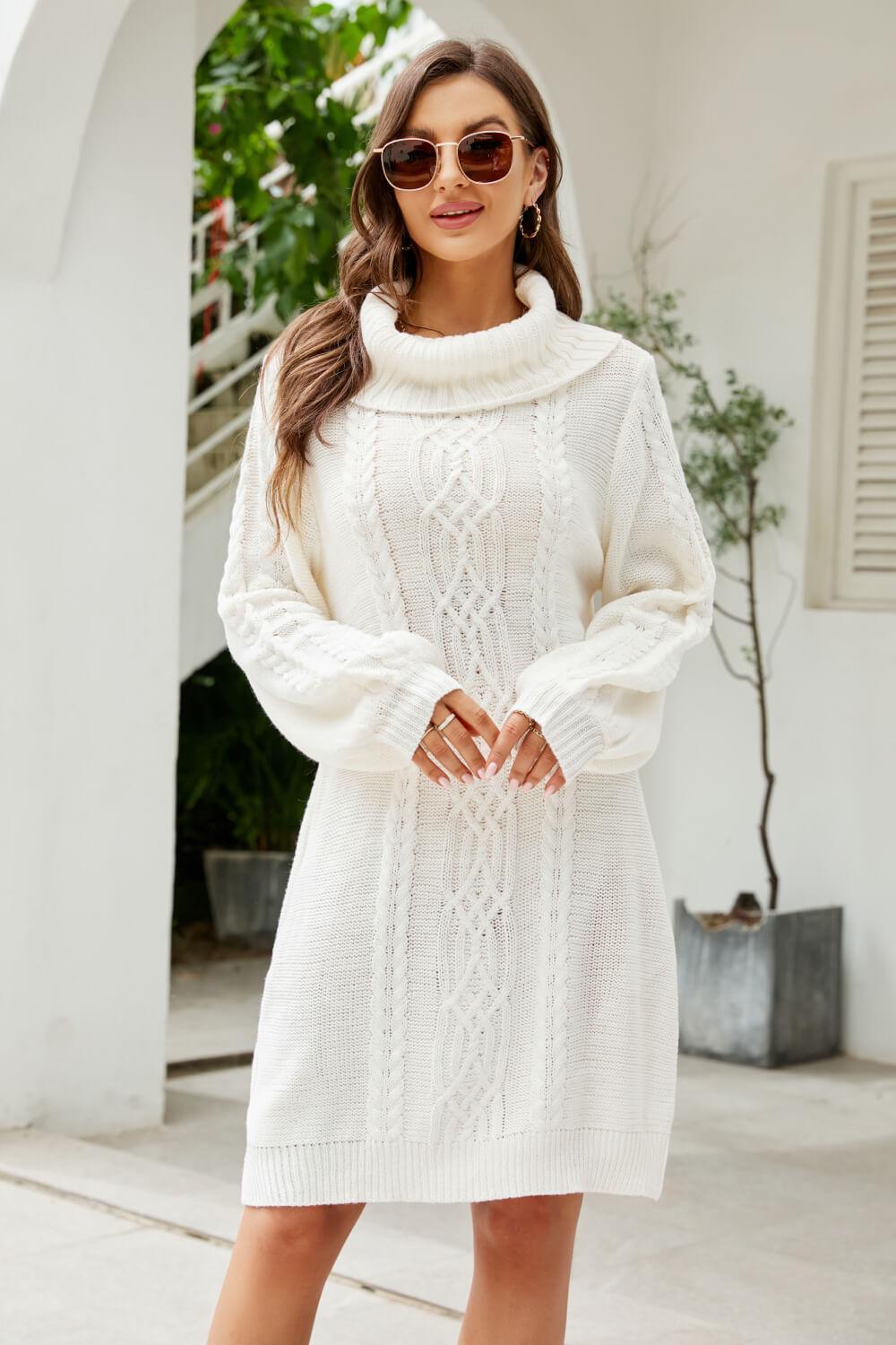 Woven Right Mixed Knit Turtleneck Lantern Sleeve Sweater Dress - ClubOn
